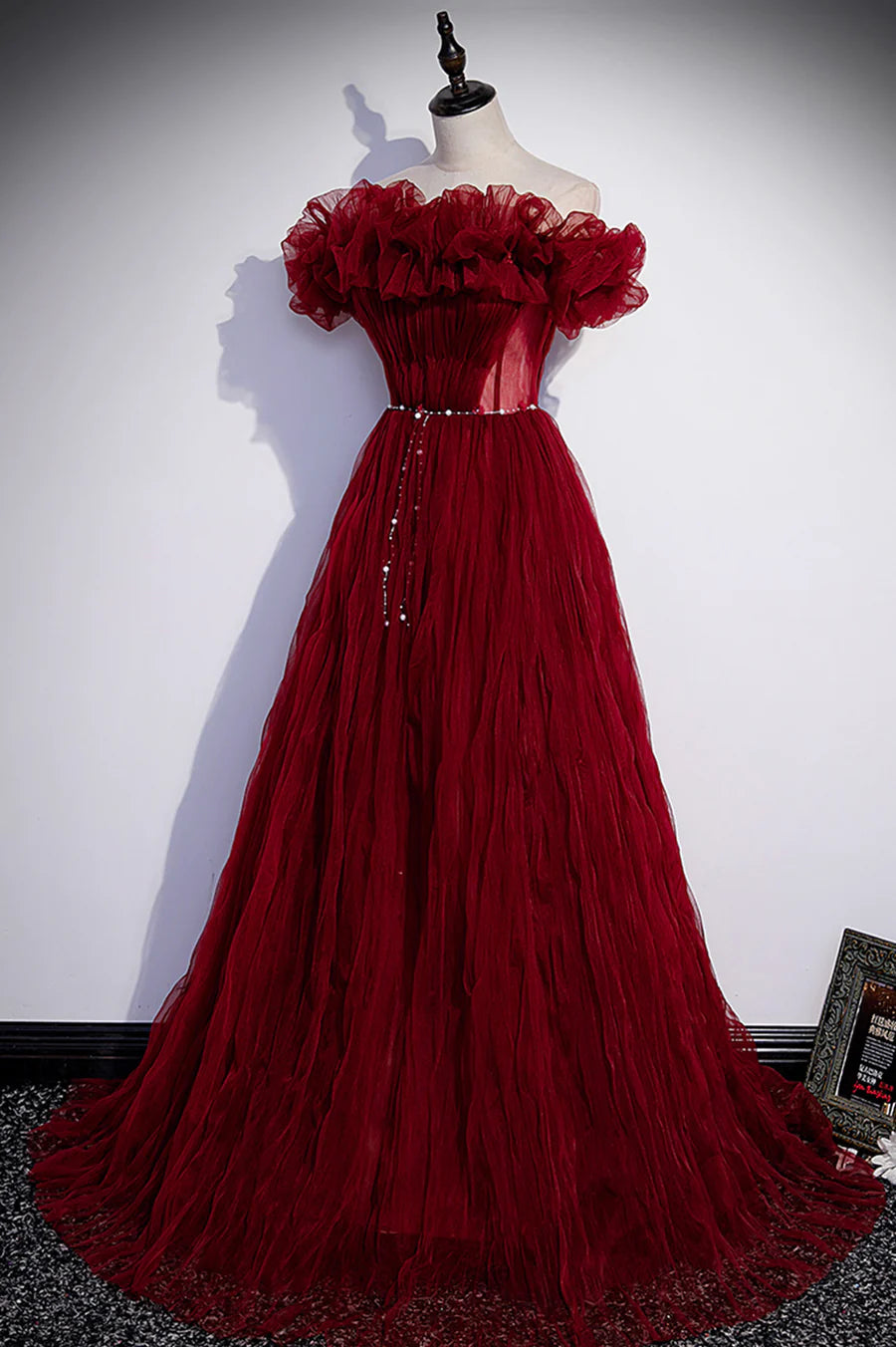 Burgundy Tulle Long Prom Dresses, A-Line Off the Shoulder Evening Party Dresses TP675