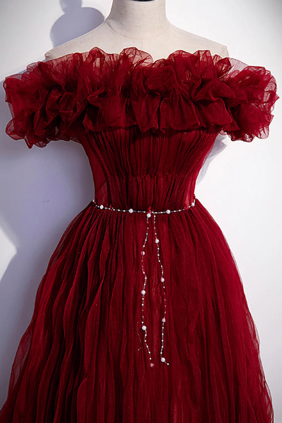 Burgundy Tulle Long Prom Dresses, A-Line Off the Shoulder Evening Party Dresses TP675