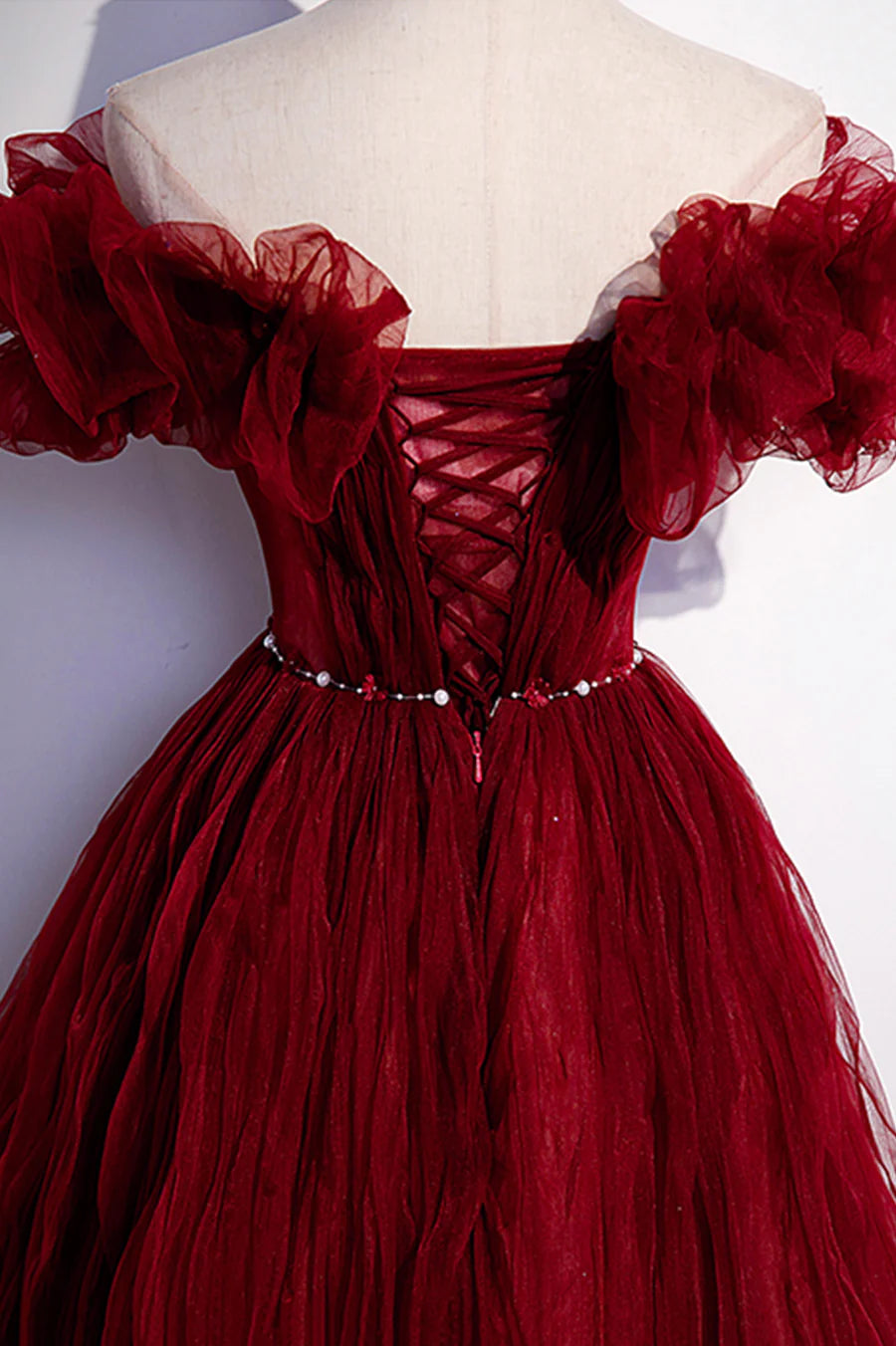 Burgundy Tulle Long Prom Dresses, A-Line Off the Shoulder Evening Party Dresses TP675