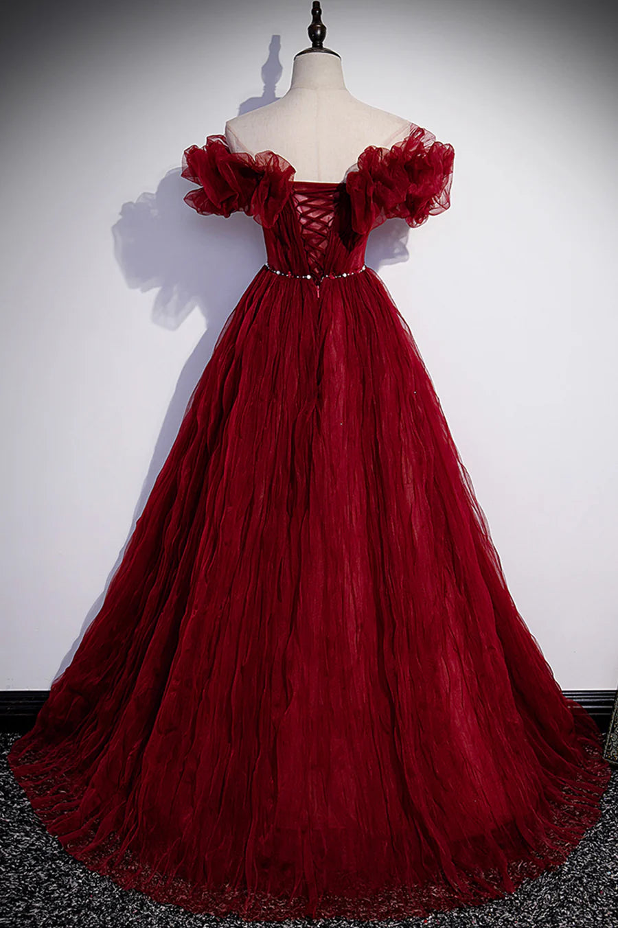 Burgundy Tulle Long Prom Dresses, A-Line Off the Shoulder Evening Party Dresses TP675