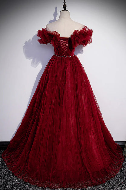 Burgundy Tulle Long Prom Dresses, A-Line Off the Shoulder Evening Party Dresses TP675