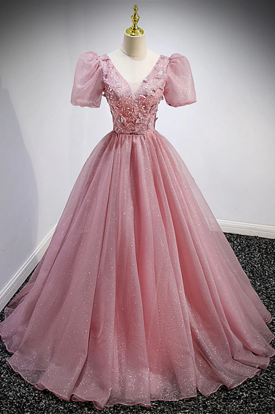 Pink V-Neck Tulle Long Prom Dresses, A-Line Evening Party Dresses TP679