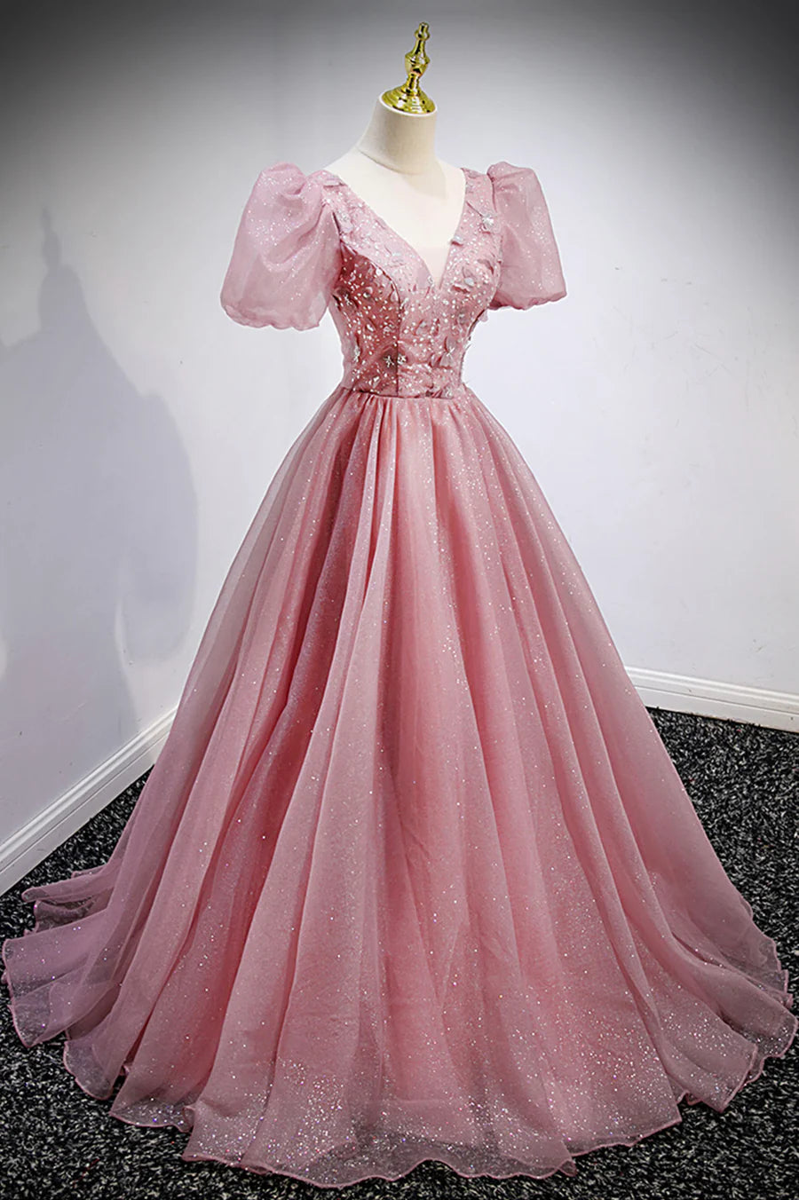 Pink V-Neck Tulle Long Prom Dresses, A-Line Evening Party Dresses TP679