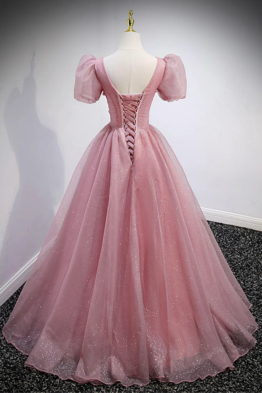 Pink V-Neck Tulle Long Prom Dresses, A-Line Evening Party Dresses TP679