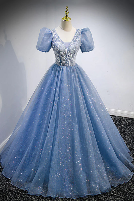 Blue V-Neck Tulle Beading Long Prom Dresses, Blue Short Sleeve Evening Dresses TP680