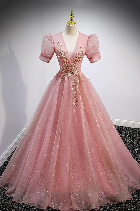 Pink V-Neck Tulle Long Prom Dresses, A-Line Short Sleeve Evening Dresses TP682