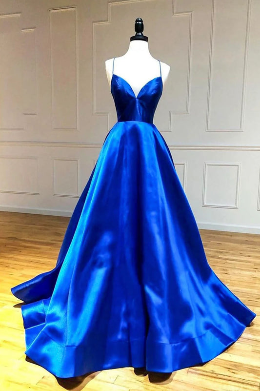 Blue V-Neck Satin Long Prom Dresses, A-Line Backless Evening Dresses TP687