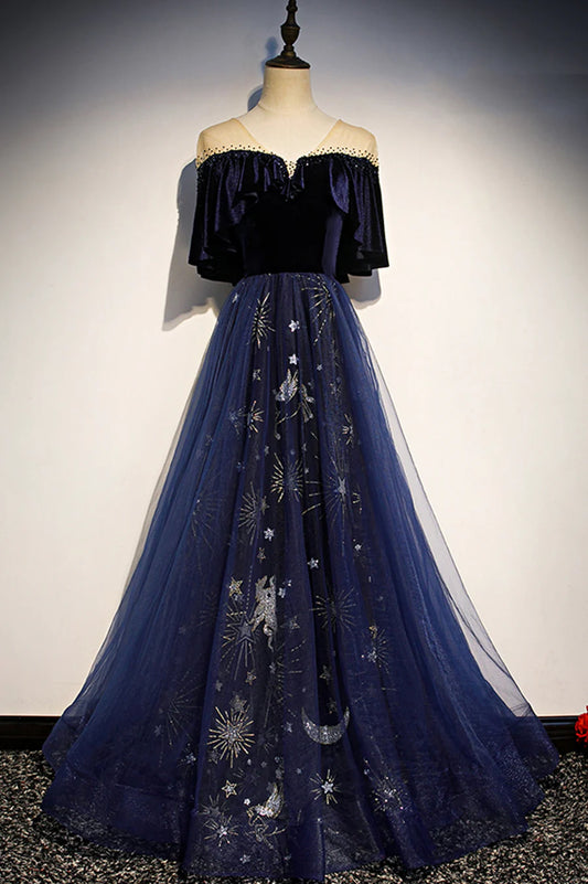 Blue Velvet Tulle Long Prom Dresses, Blue Formal Evening Dresses TP689