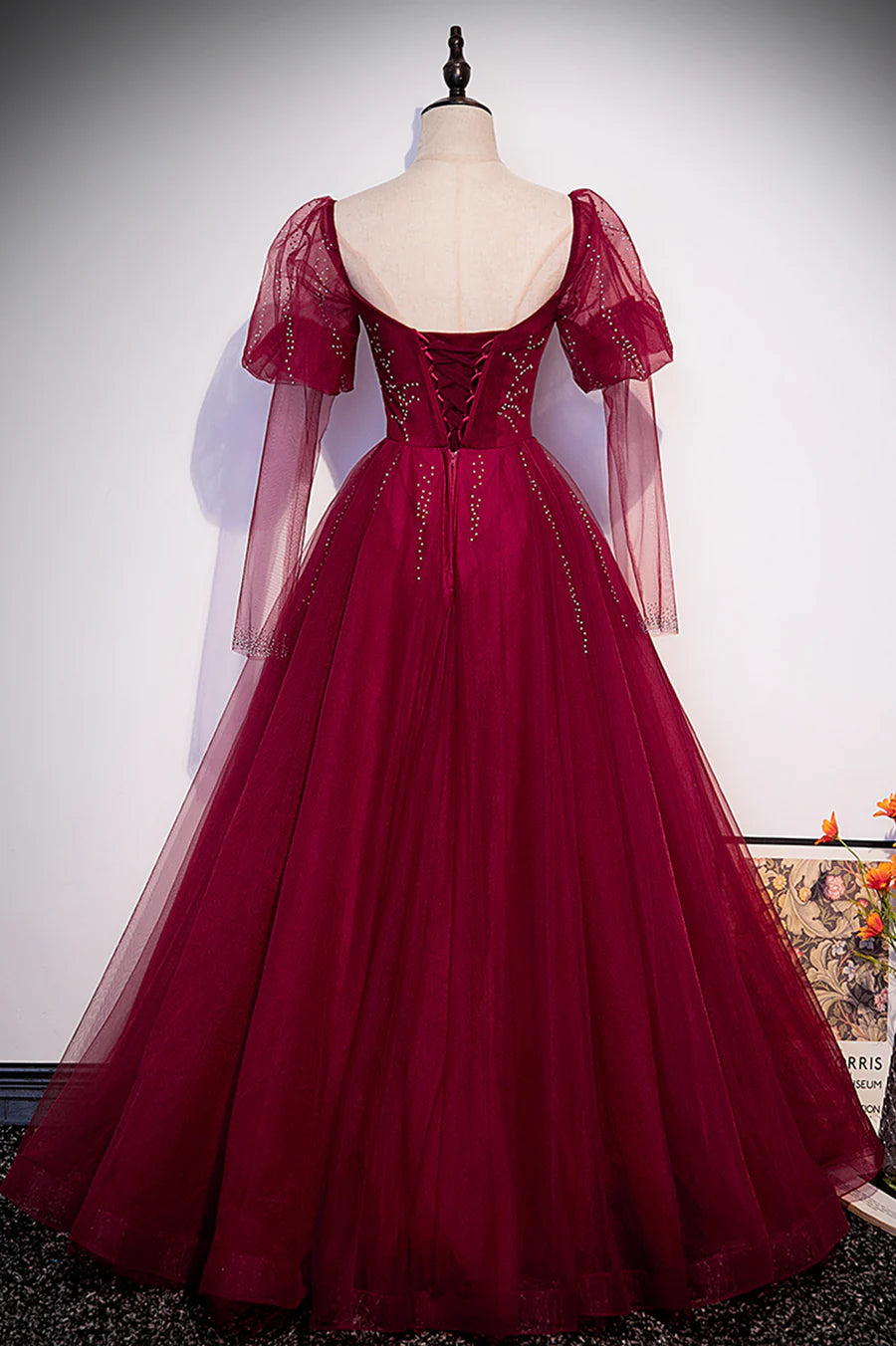 Burgundy Tulle Beading Long Prom Dresses, A-Line Formal Evening Dresses TP692