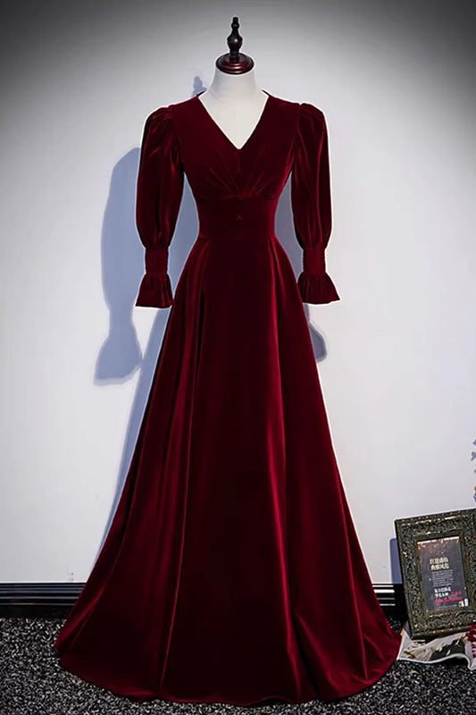 Burgundy Velvet Long Prom Dresses, A-Line Long Sleeve Evening Dresses TP694