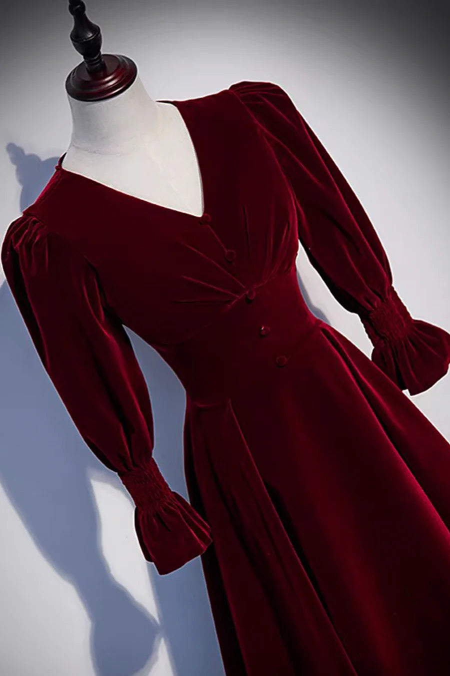 Burgundy Velvet Long Prom Dresses, A-Line Long Sleeve Evening Dresses TP694