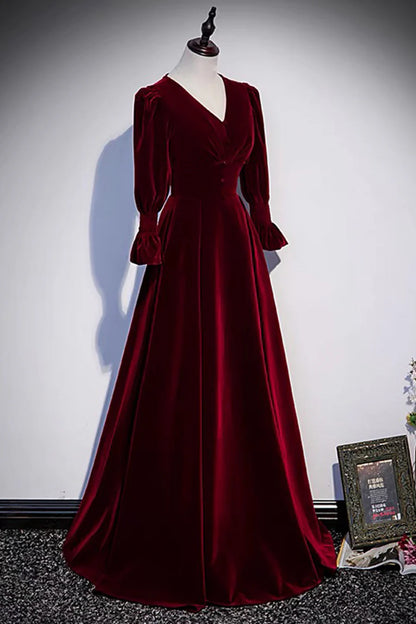 Burgundy Velvet Long Prom Dresses, A-Line Long Sleeve Evening Dresses TP694