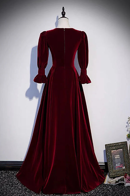 Burgundy Velvet Long Prom Dresses, A-Line Long Sleeve Evening Dresses TP694