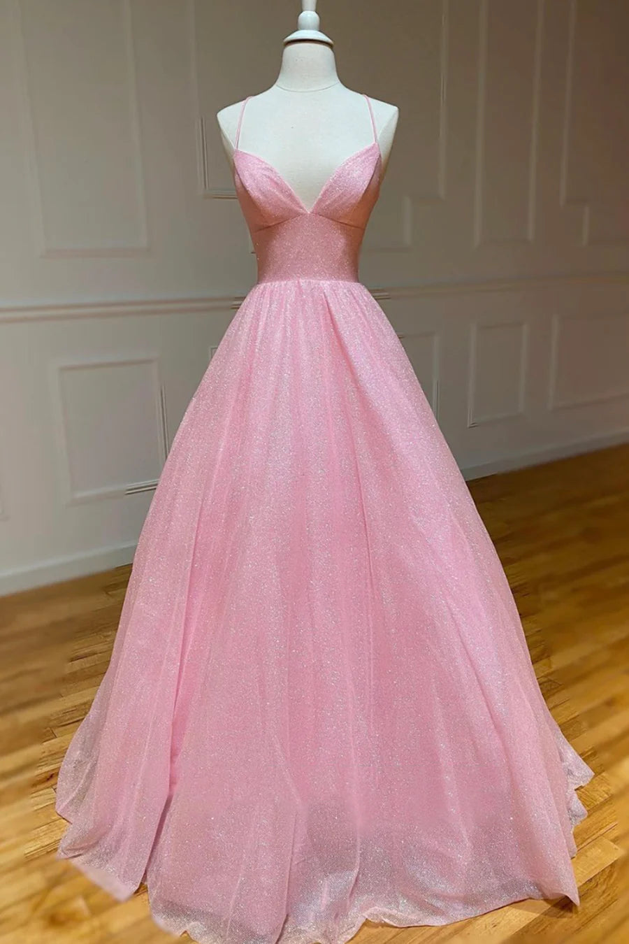 Previous Next   Pink V-Neck Tulle Long Prom Dresses, A-Line Backless Evening Dresses TP704