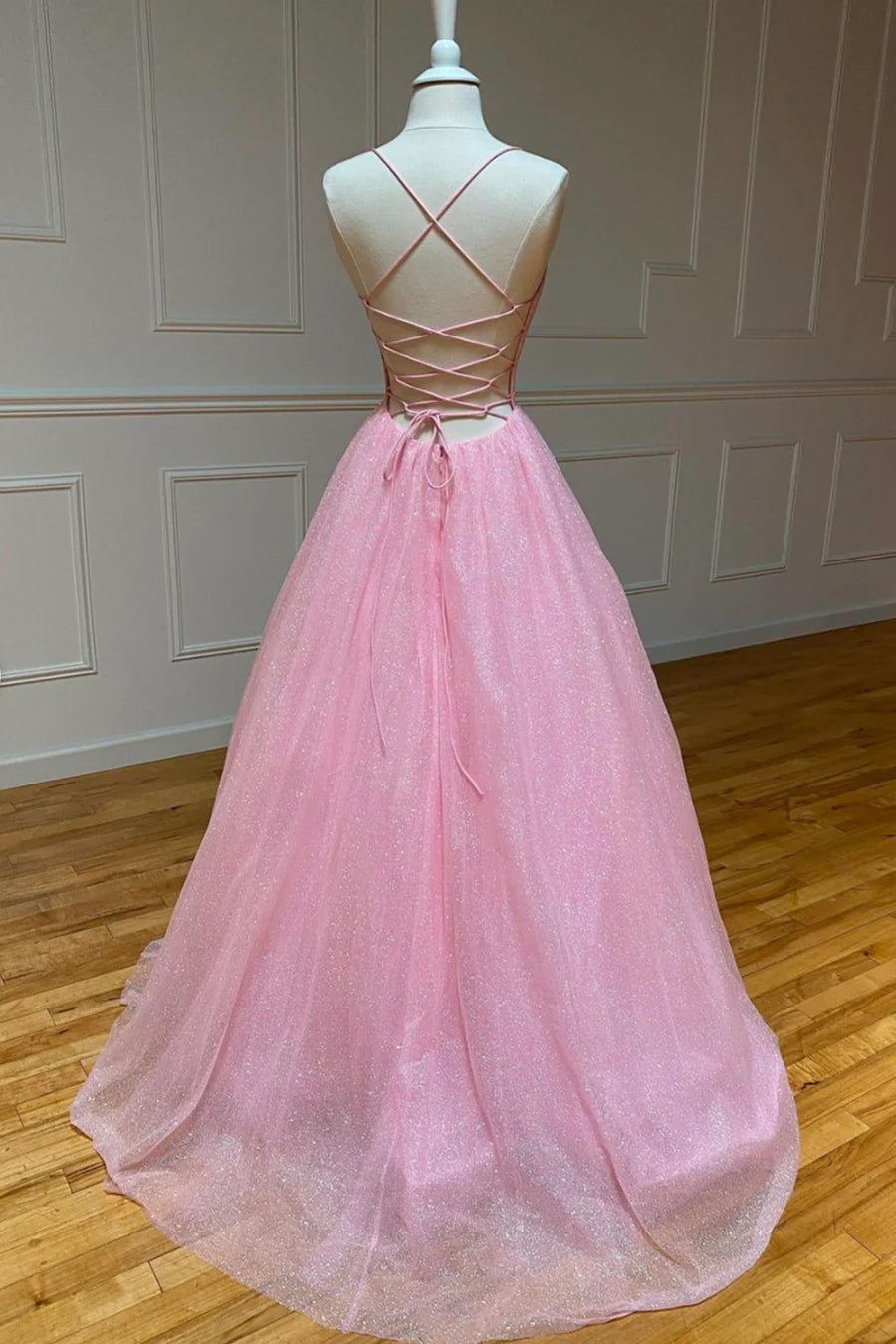 Previous Next   Pink V-Neck Tulle Long Prom Dresses, A-Line Backless Evening Dresses TP704