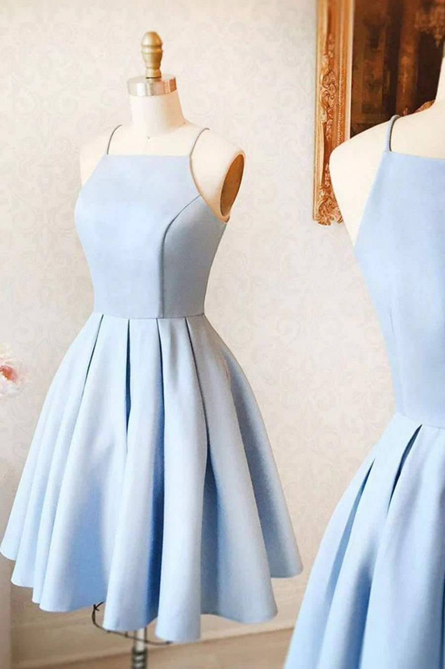 Blue Satin Short Prom Dresses, A-Line Evening Dresses TP708