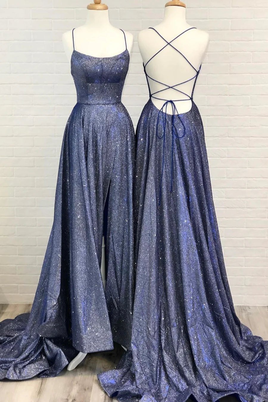 Blue A-Line Backless Long Prom Dresses, Blue Evening Dresses TP717