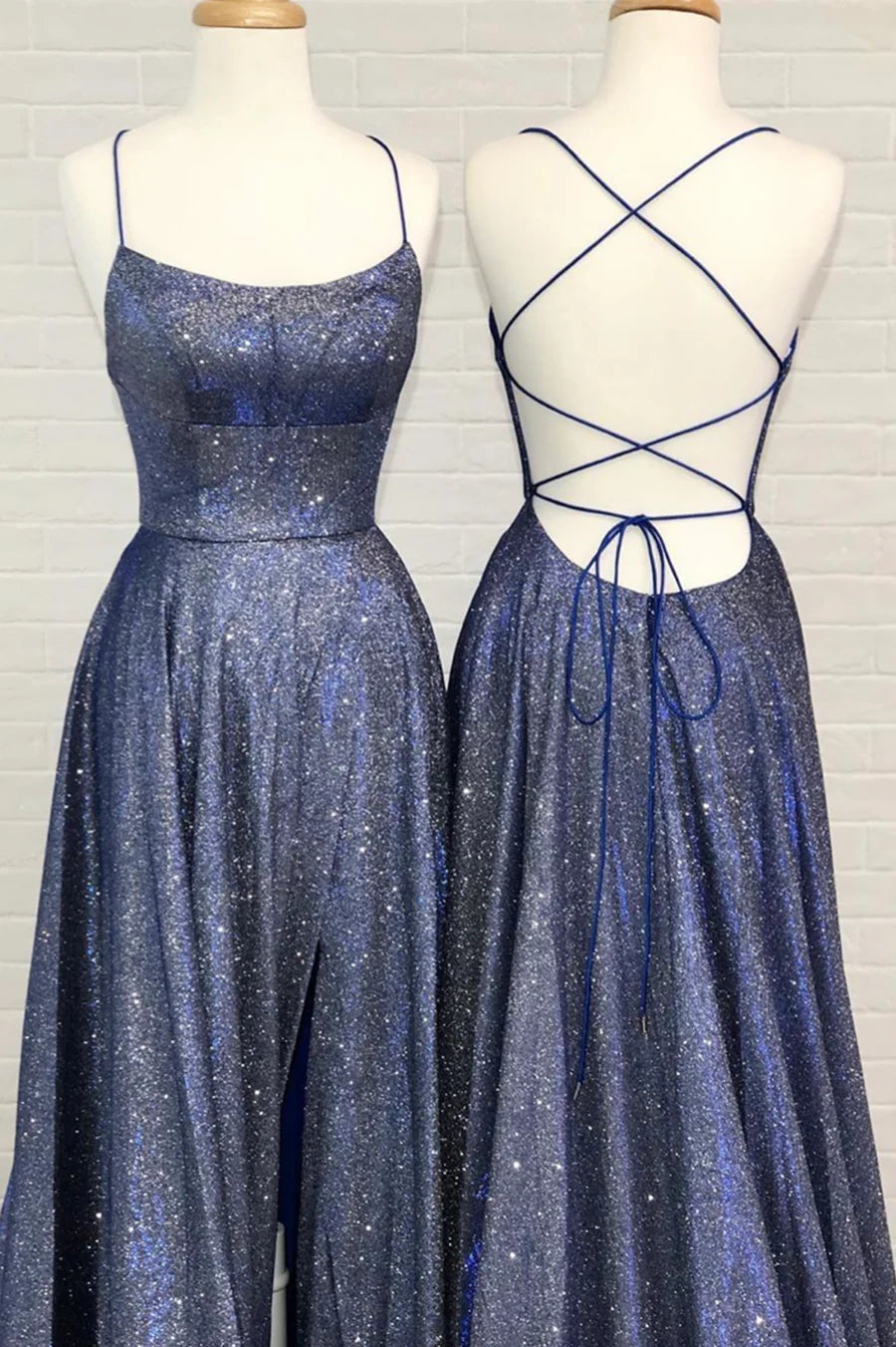 Blue A-Line Backless Long Prom Dresses, Blue Evening Dresses TP717