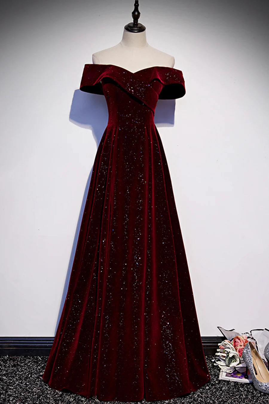 Burgundy Velvet Long Prom Dresses, Off the Shoulder Evening Dresses TP720