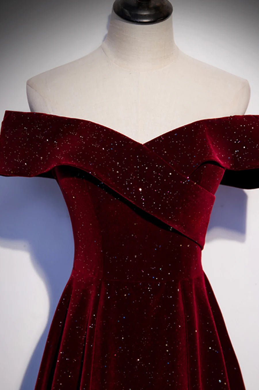 Burgundy Velvet Long Prom Dresses, Off the Shoulder Evening Dresses TP720