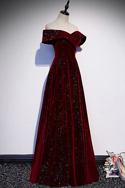 Burgundy Velvet Long Prom Dresses, Off the Shoulder Evening Dresses TP720