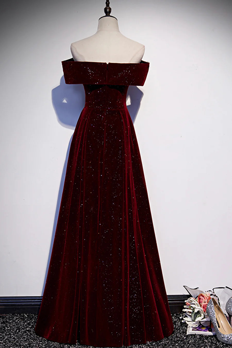 Burgundy Velvet Long Prom Dresses, Off the Shoulder Evening Dresses TP720