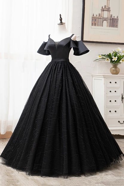 Black V-Neck Tulle Long Prom Dresses, A-Line Black Evening Dresses TP725