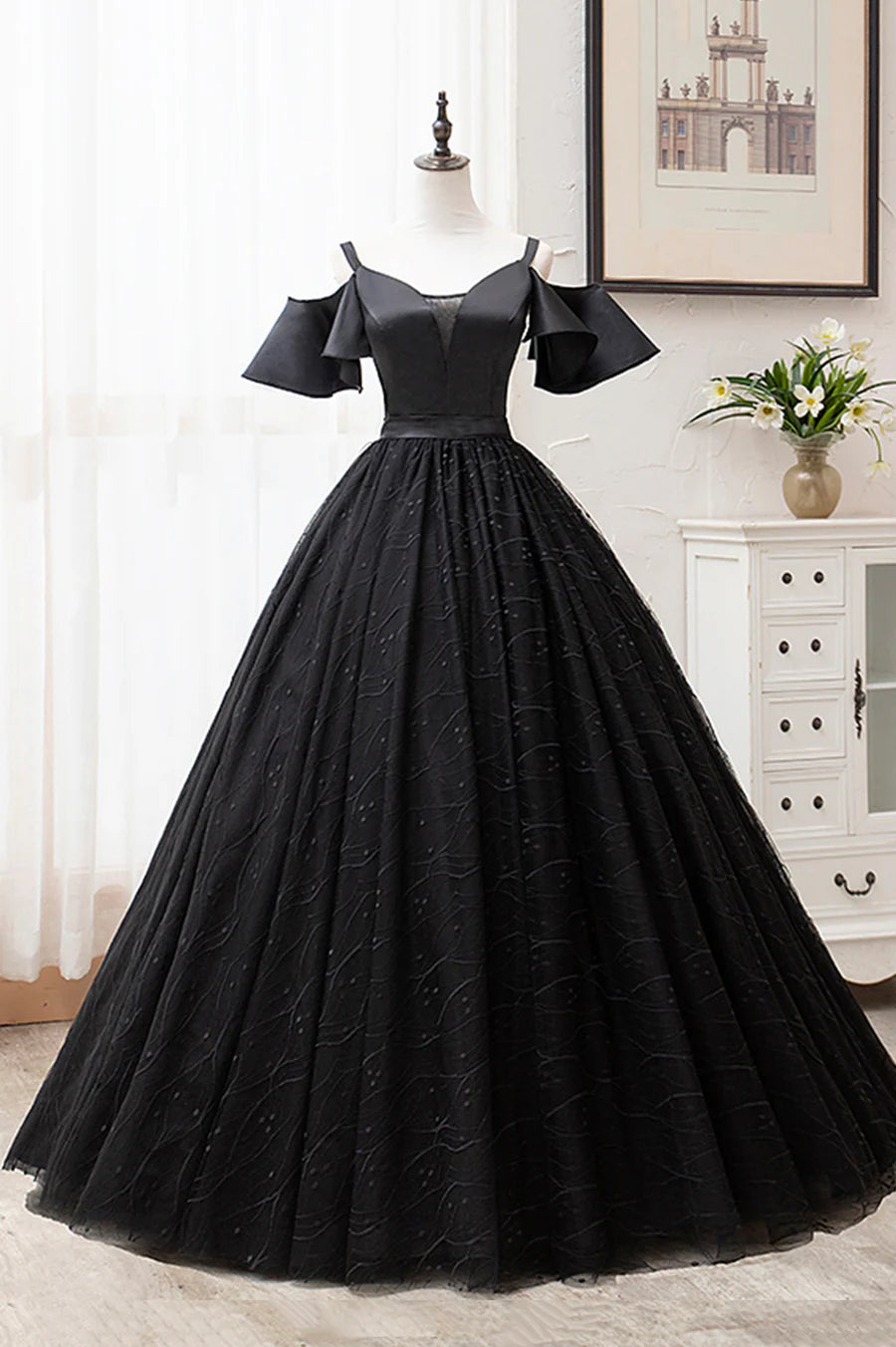 Black V-Neck Tulle Long Prom Dresses, A-Line Black Evening Dresses TP725