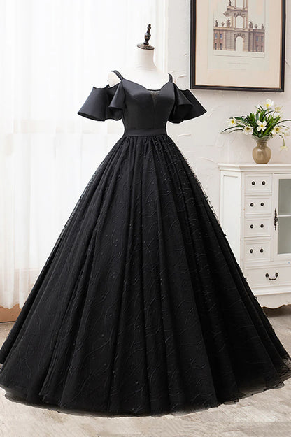 Black V-Neck Tulle Long Prom Dresses, A-Line Black Evening Dresses TP725