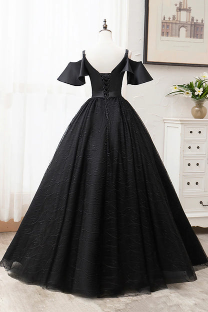 Black V-Neck Tulle Long Prom Dresses, A-Line Black Evening Dresses TP725