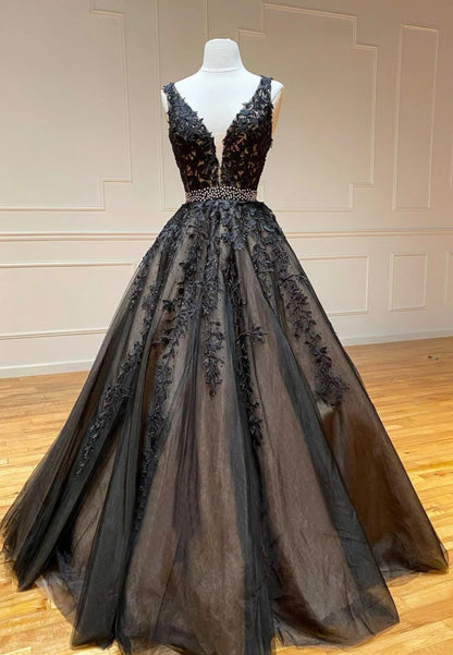 Black V-Neck Lace Long Prom Dresses, A-Line Evening Dresses TP729