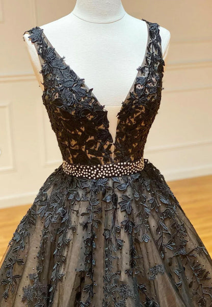 Black V-Neck Lace Long Prom Dresses, A-Line Evening Dresses TP729