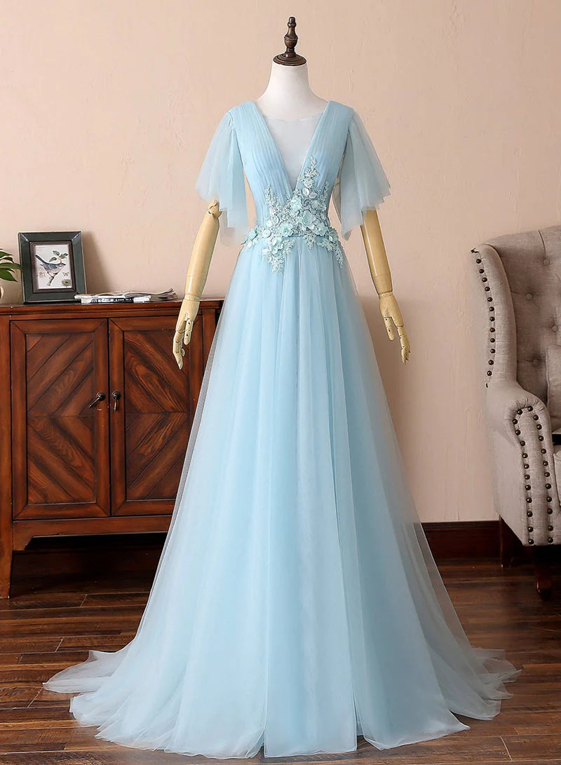 Blue V-Neck Lace Long Prom Dresses, A-Line Evening Dresses TP732