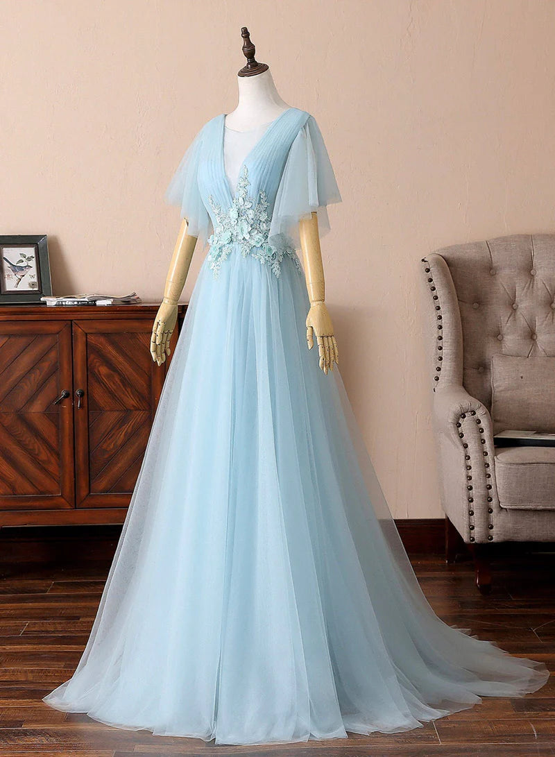 Blue V-Neck Lace Long Prom Dresses, A-Line Evening Dresses TP732