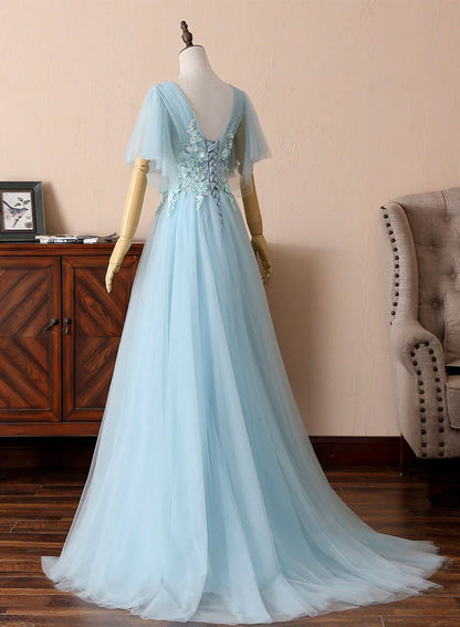 Blue V-Neck Lace Long Prom Dresses, A-Line Evening Dresses TP732