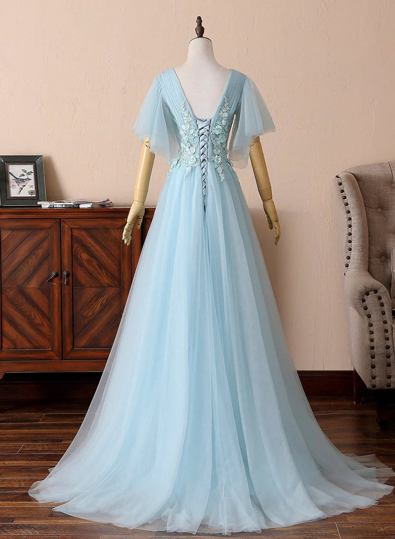 Blue V-Neck Lace Long Prom Dresses, A-Line Evening Dresses TP732