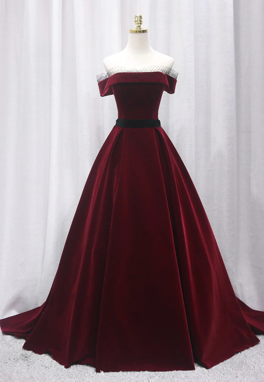 Burgundy Velvet Long Prom Dresses, A-Line Evening Dresses TP741