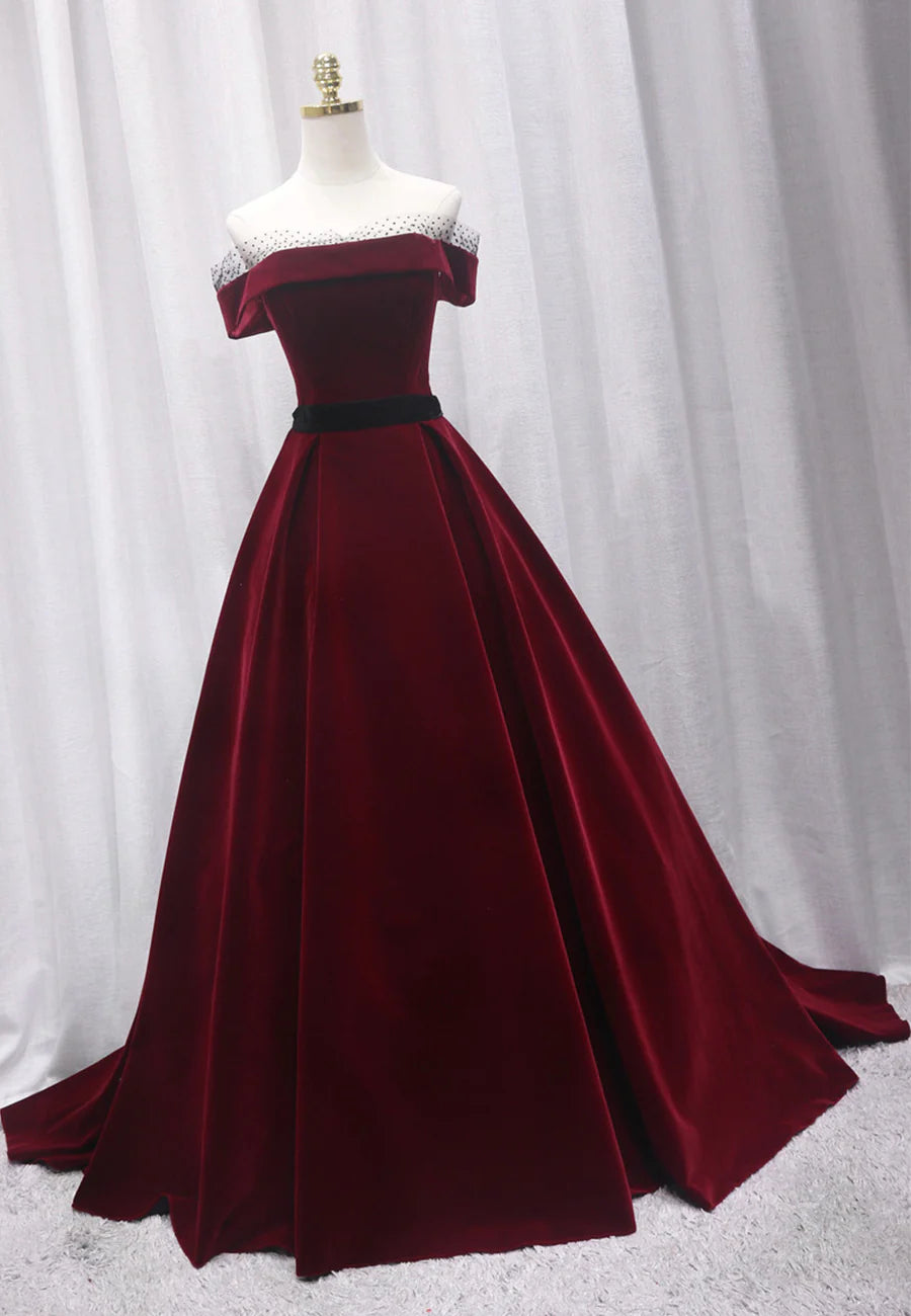 Burgundy Velvet Long Prom Dresses, A-Line Evening Dresses TP741