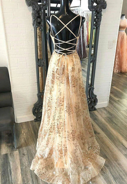 Champagne V-Neck Sequins Long Prom Dresses, A-Line Evening Dresses TP742