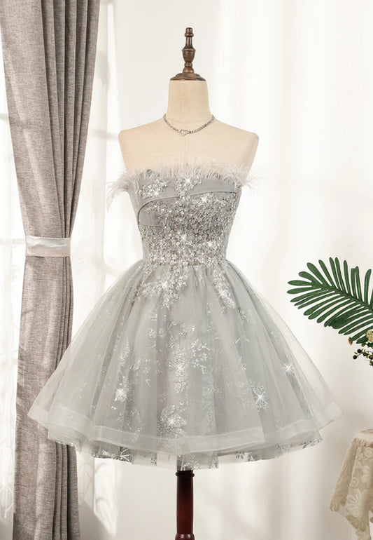 Gray Strapless Feather Short Prom Dresses, Cute Party Dresses TP745