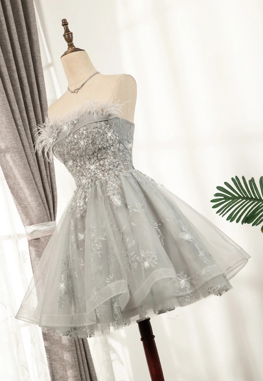 Gray Strapless Feather Short Prom Dresses, Cute Party Dresses TP745