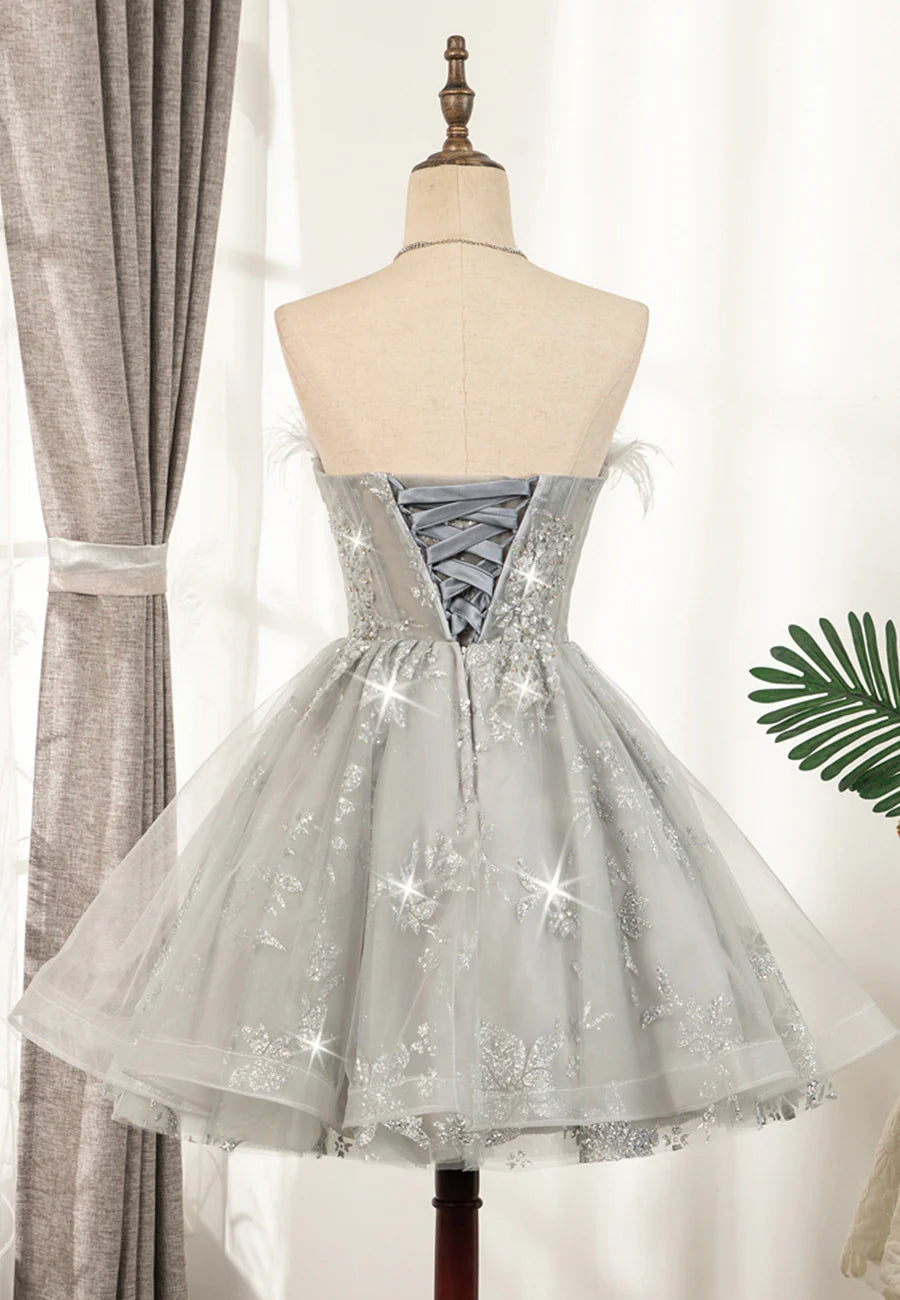 Gray Strapless Feather Short Prom Dresses, Cute Party Dresses TP745