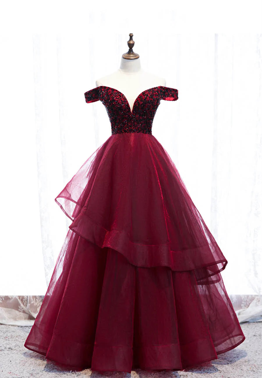 Burgundy Tulle Long A-Line Prom Dresses, Off the Shoulder Evening Dresses TP749