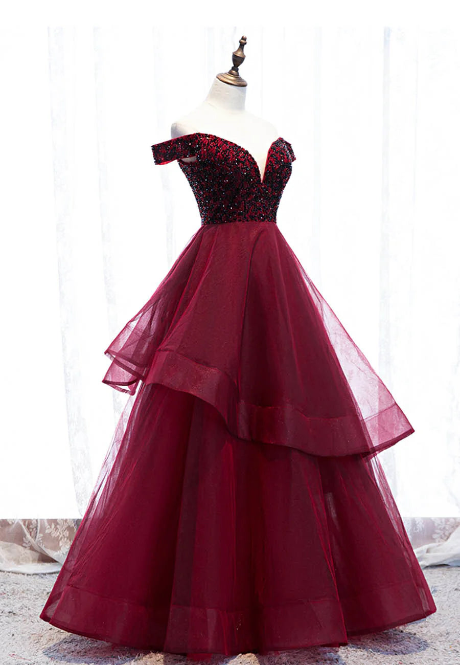 Burgundy Tulle Long A-Line Prom Dresses, Off the Shoulder Evening Dresses TP749