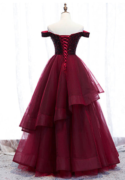 Burgundy Tulle Long A-Line Prom Dresses, Off the Shoulder Evening Dresses TP749