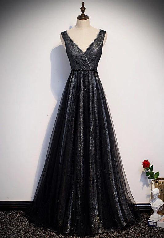 Black V-Neck Tulle Long Prom Dresses, A-Line Evening Dresses TP751