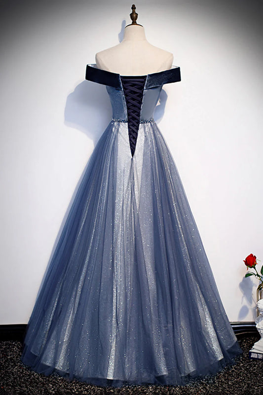 Blue Velvet Tulle Long Prom Dresses, Off the Shoulder Evening Dresses TP752