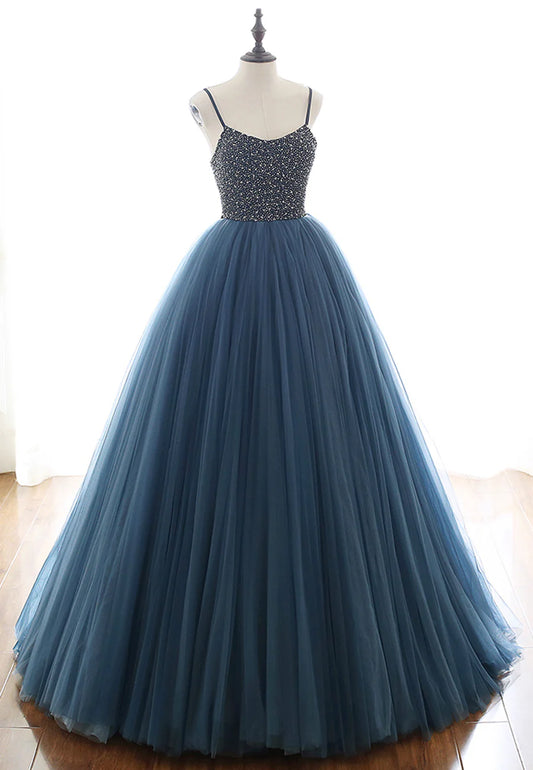 Blue Tulle Long Prom Dresses, A-Line Evening Dresses with Beading TP753