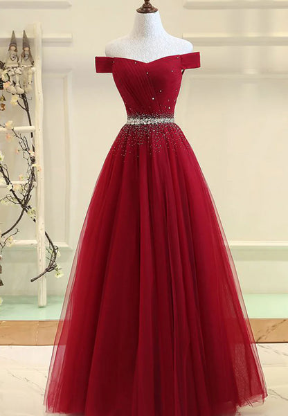 Burgundy Tulle Long A-Line Prom Dresses, Off the Shoulder Evening Dresses TP754