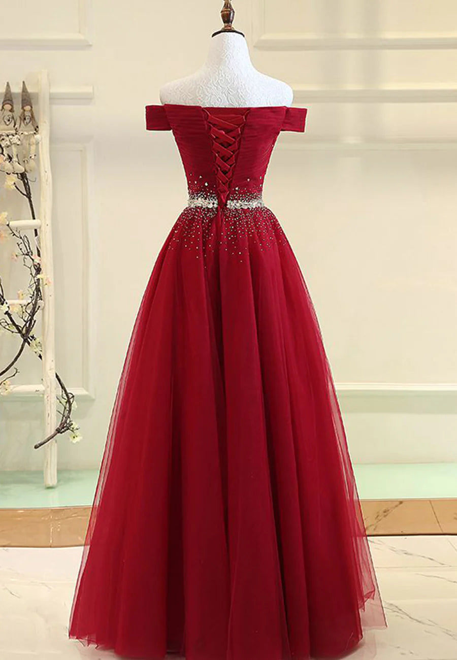 Burgundy Tulle Long A-Line Prom Dresses, Off the Shoulder Evening Dresses TP754